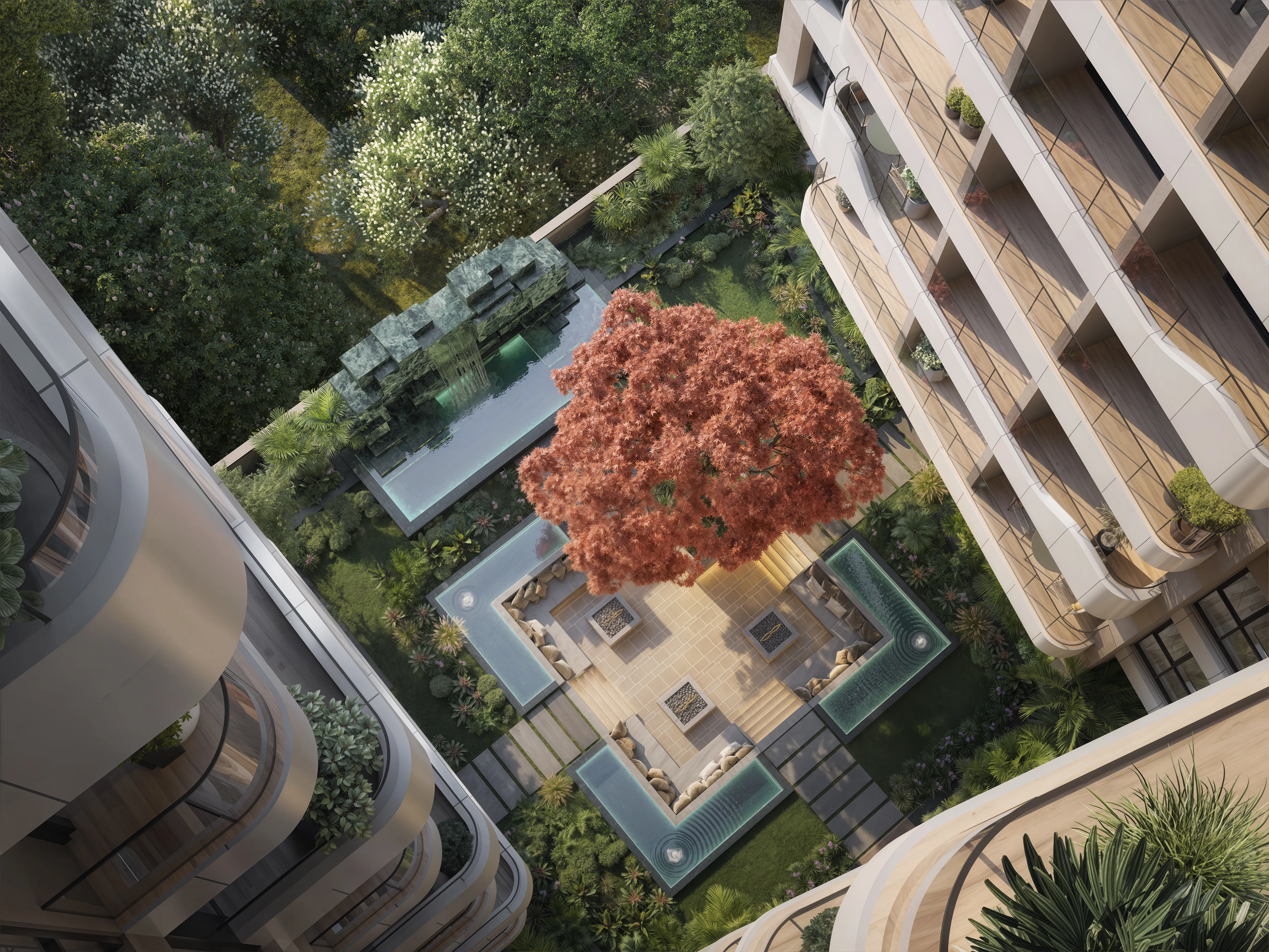 Seasons Riverside aerial courtyard and residences