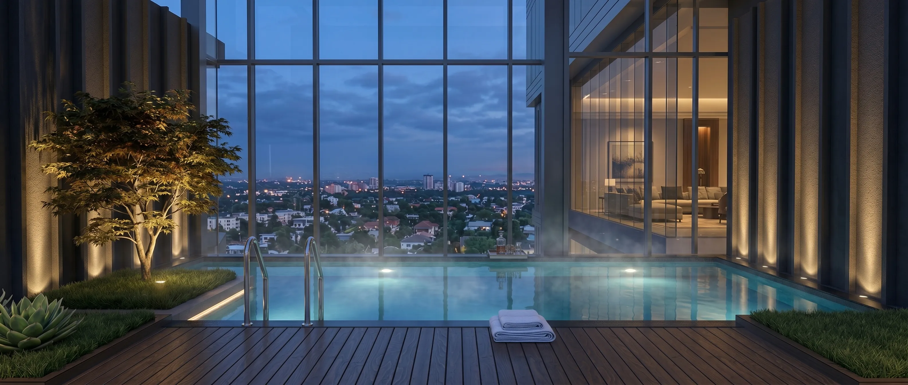 Seasons Riverside rooftop jacuzzi with evening city views