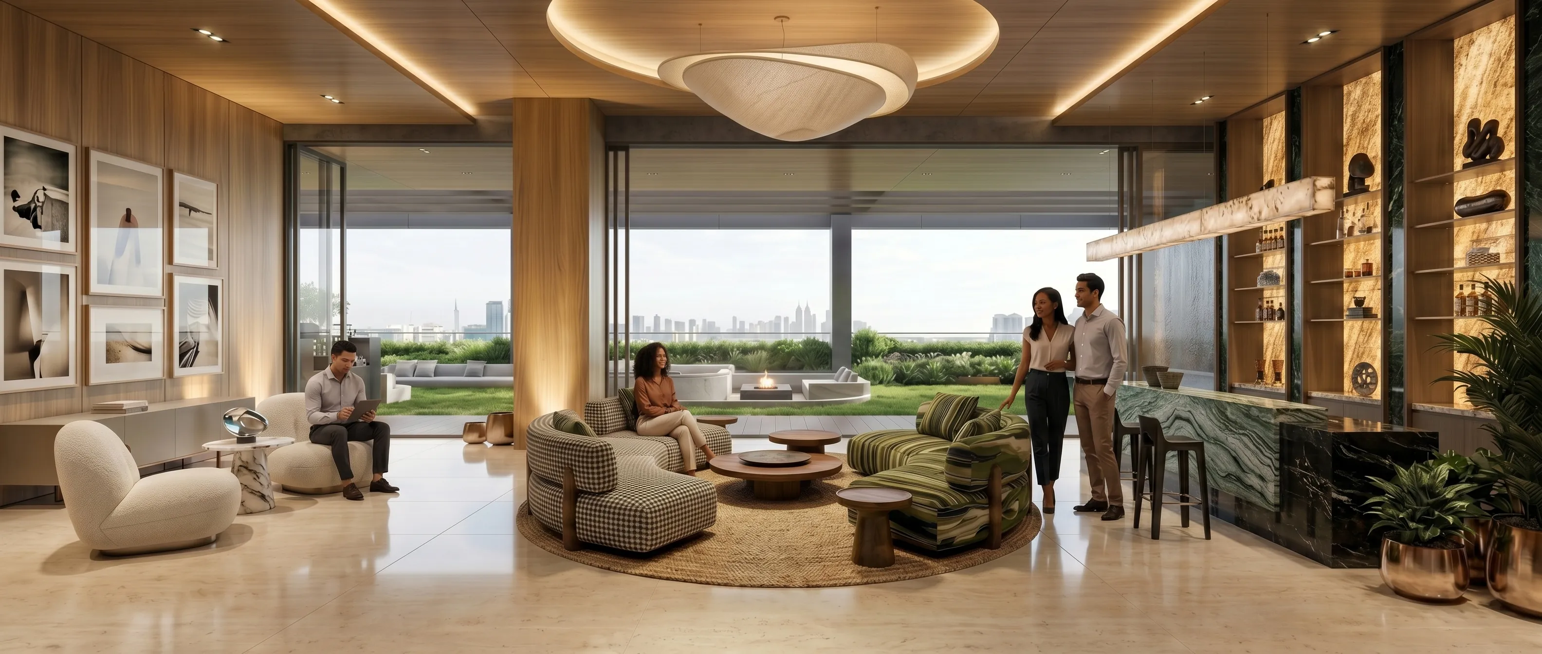 Seasons Riverside rooftop residents lounge with skyline views